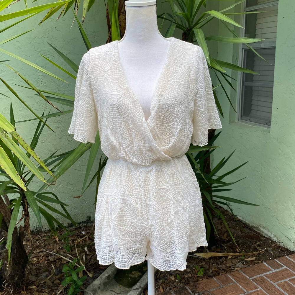 Cream Crochet V Neck Romper